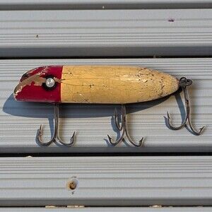 Vintage Red Head Wooden Fishing Lure 4” Metal Eye Crankbait Bass Walleye Pike
